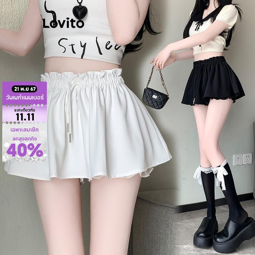 Lovito กางเกงขาสั้นผู้หญิง แบบเชือกรูด สีพื้น สไตล์ลำลอง LNA62108
