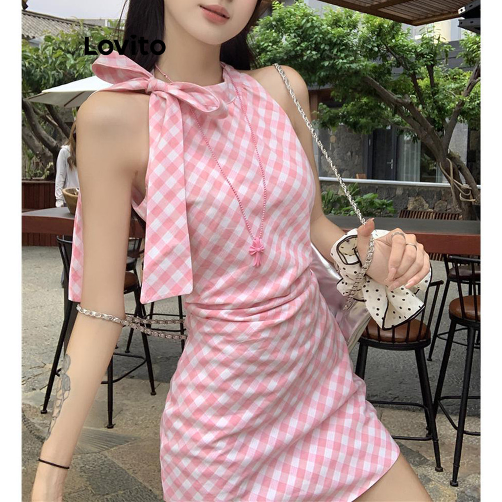 Lovito ชุดเดรสผู้หญิง ลายสก๊อต แต่งโบว์ สไตล์ลำลอง LNE68621