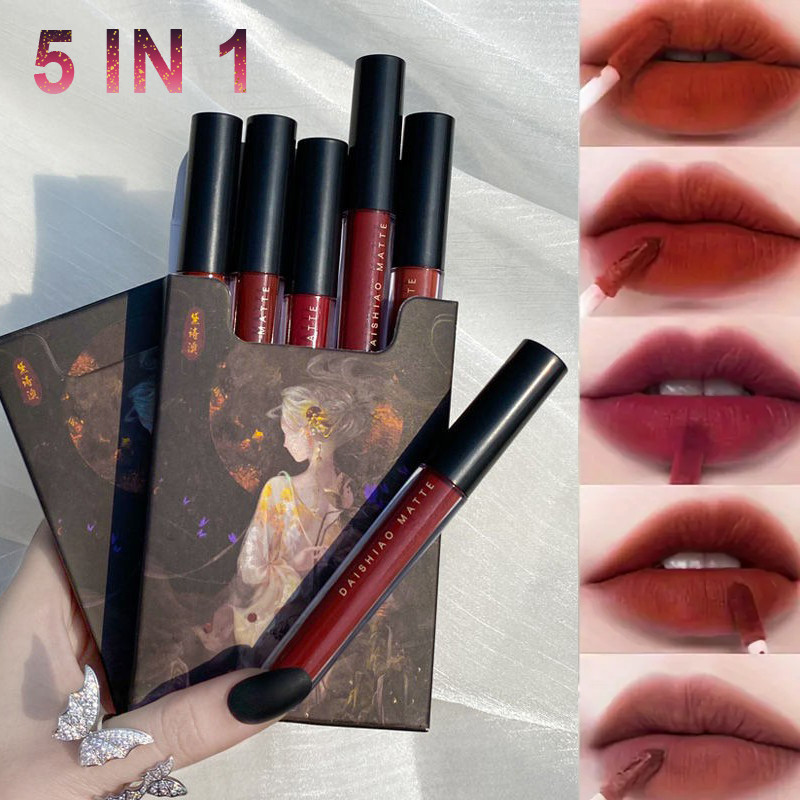 5ชิ้น/เซ็ตลิปทินท์กันน้ําชุด / ลิปสติกเนื้อแมตต์กํามะหยี่ / ลิปกลอสติดทนนานชุดแต่งหน้า
