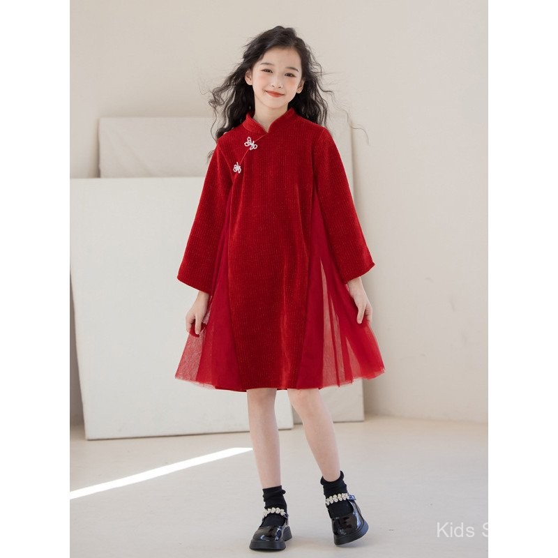 Cheongsam เด็กสาวชุด CNY ปีใหม่เครื่องแต่งกาย qipao สาวฤดูใบไม้ร่วงและฤดูหนาวชุดหนา2024ใหม่สไตล์จีนสีแดง tangzhuang ปีใหม่เสื้อผ้าเด็กและวัยรุ่น