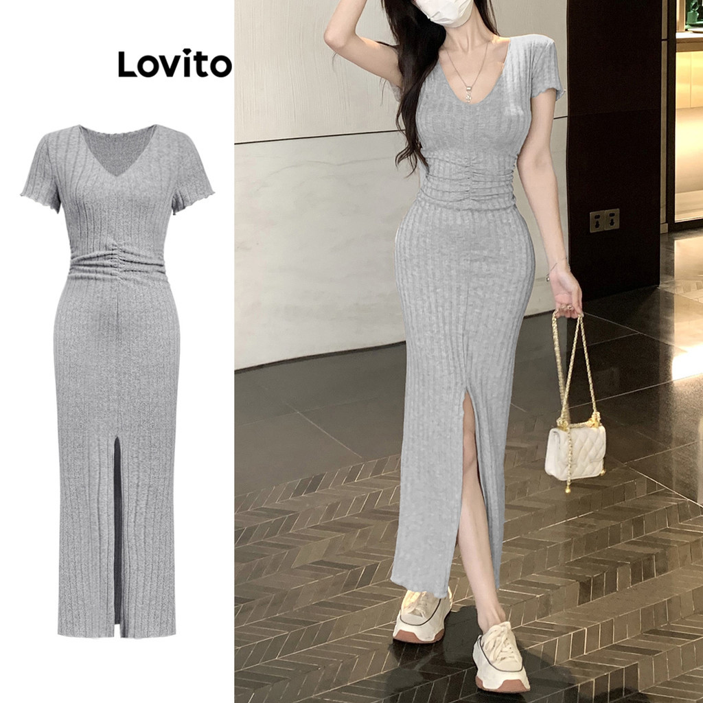 Lovito ชุดเดรสผ่าหน้าแบบลำลองสำหรับผู้หญิง L108ED610