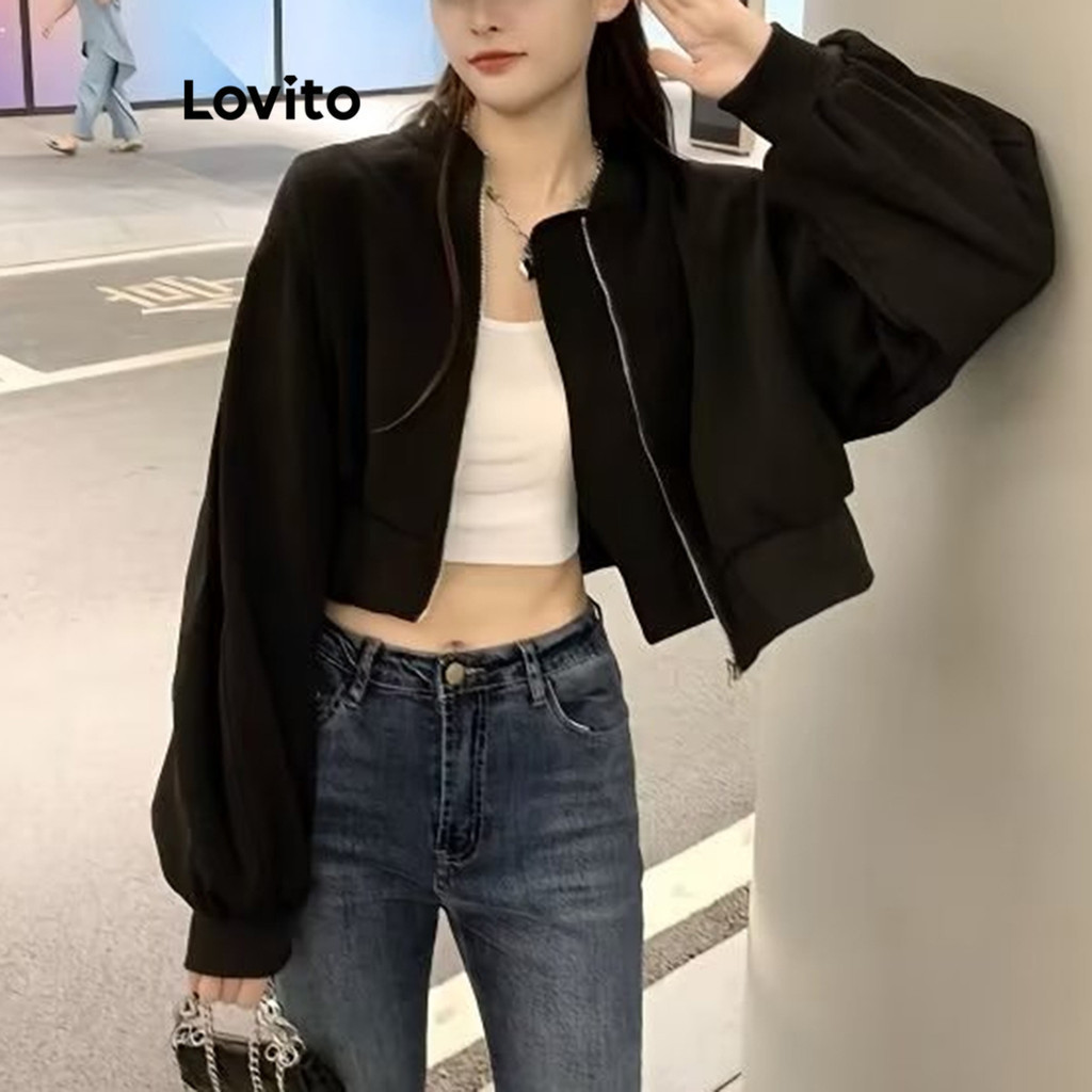 Lovito แจ็กเก็ตผู้หญิง มีซิปรูด สีพื้น สไตล์ลำลอง LNA40219