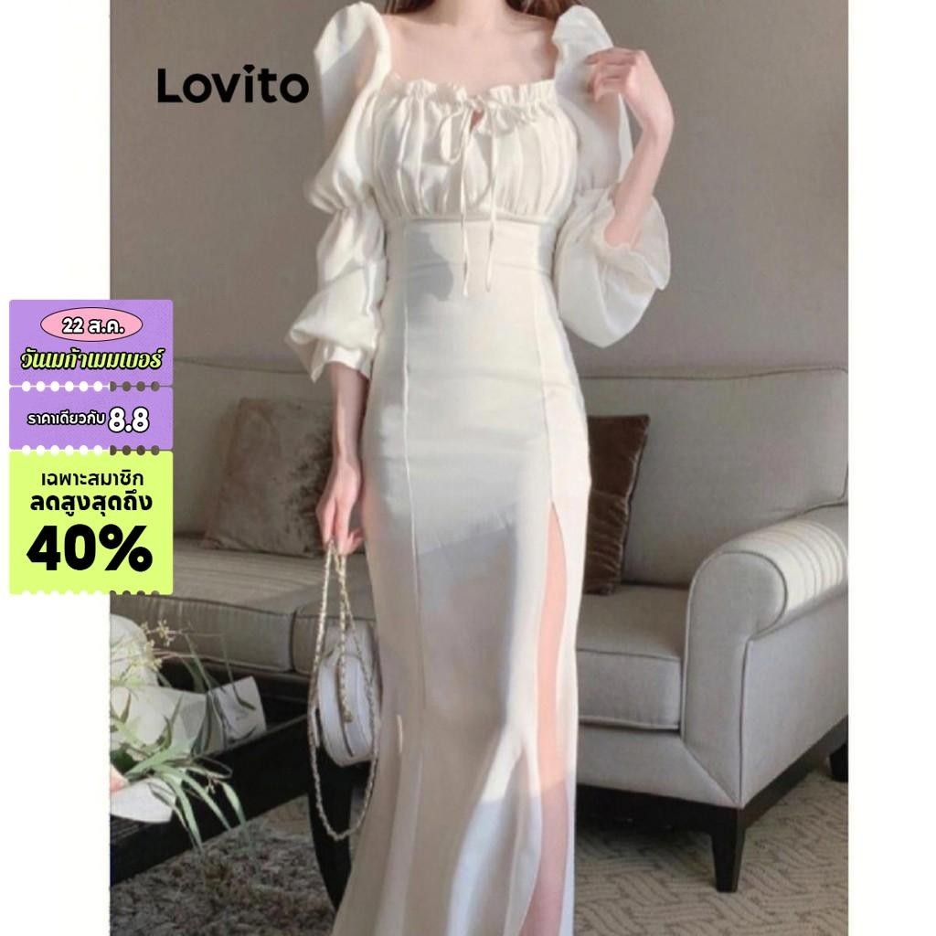 Lovito ชุดเดรสผู้หญิง แต่งผ่าหน้า แต่งระบาย มีเชือกผูก สีพื้น สไตล์หรูหรา LNL40081