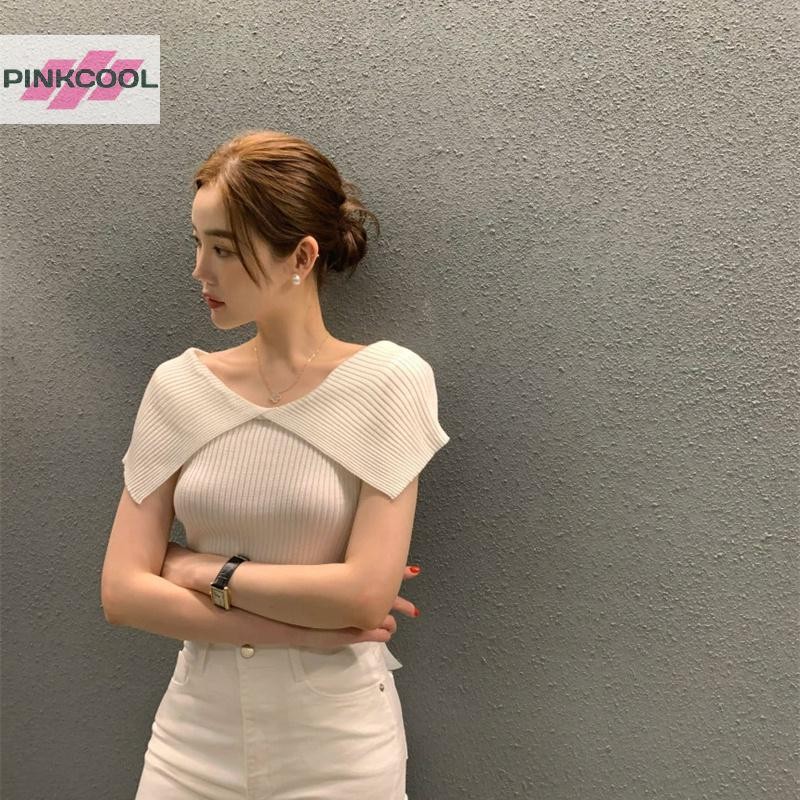 Pinkcool ฤดูร้อนผู้หญิงเกาหลีสีทึบปิดไหล่ปกสง่างามบางถักเสื้อยืดร้อน