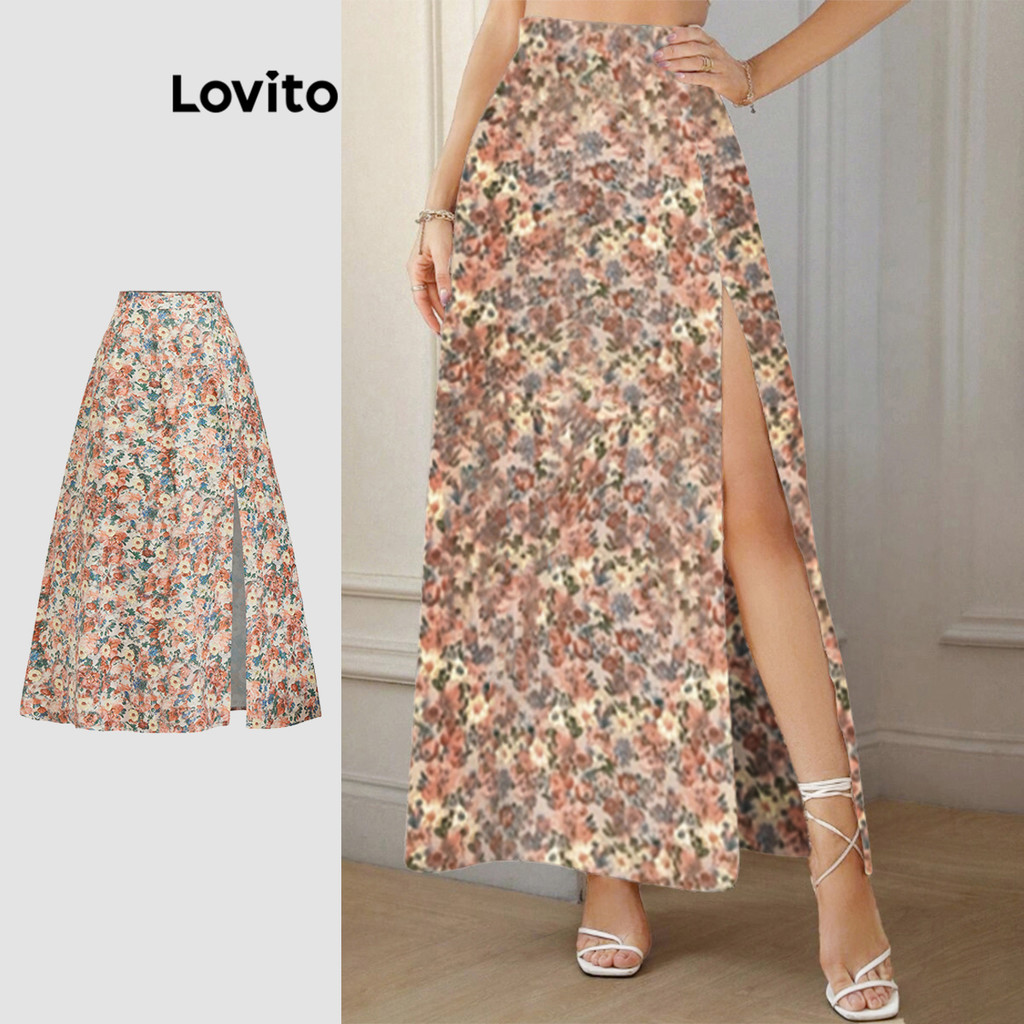 Lovito กระโปรงผู้หญิง ลายดอกไม้ แต่งผ่าน่อง มีซิป สไตล์โบโฮ L89ED314