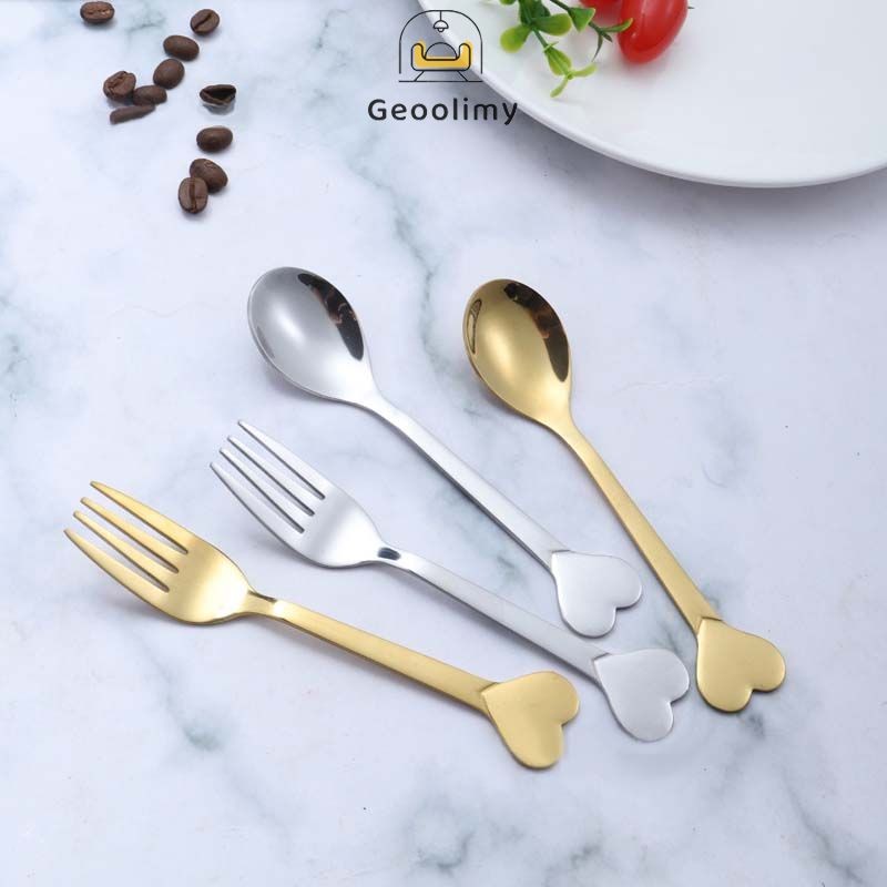 ช้อนสแตนเลส ช้อนสลัดสเตนเลสด้ามจับแบบ Love Handle ส้อมขนมในครัวเรือน ส้อมมินิ ชุดช้อนขนมเค้ก ช้อนสลัด Geoo