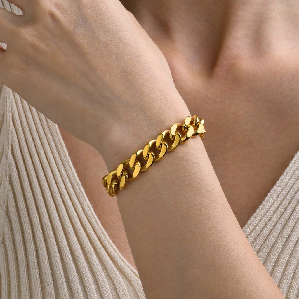 [RSQ] ยุโรปอเมริกันสแตนเลสโซ่คิวบาผู้ชายผู้หญิงสร้อยคอ Unisex กว้าง 1215 มม. 24K สีเครื่องประดับ