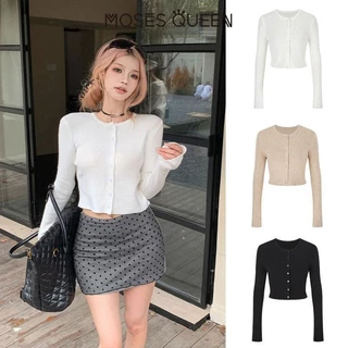 MOSESQUEEN เสื้อสเวตเตอร์ถักกระดุมใหม่ปุ่มท้องสั้น บาง และบาง เครื่องเทศ สาว สูงสุด เสื้อแจ็กเกต #59259