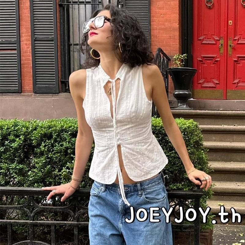 Joeyjoy-ชุดนอนสตรีฤดูร้อน Tie Up เสื้อกั๊กแขนกุดคอจําลองด้านหน้า Cutout เสื้อกล้ามเย็บปักถักร้อย