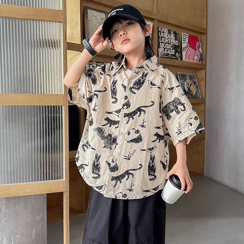 (((80-150ซม.) เสื้อเชิ้ตครึ่งแขนเด็กชายเวอร์ชั่นเกาหลีเด็กทารกฤดูร้อนพิมพ์ลายสัตว์เสื้อด้านบน