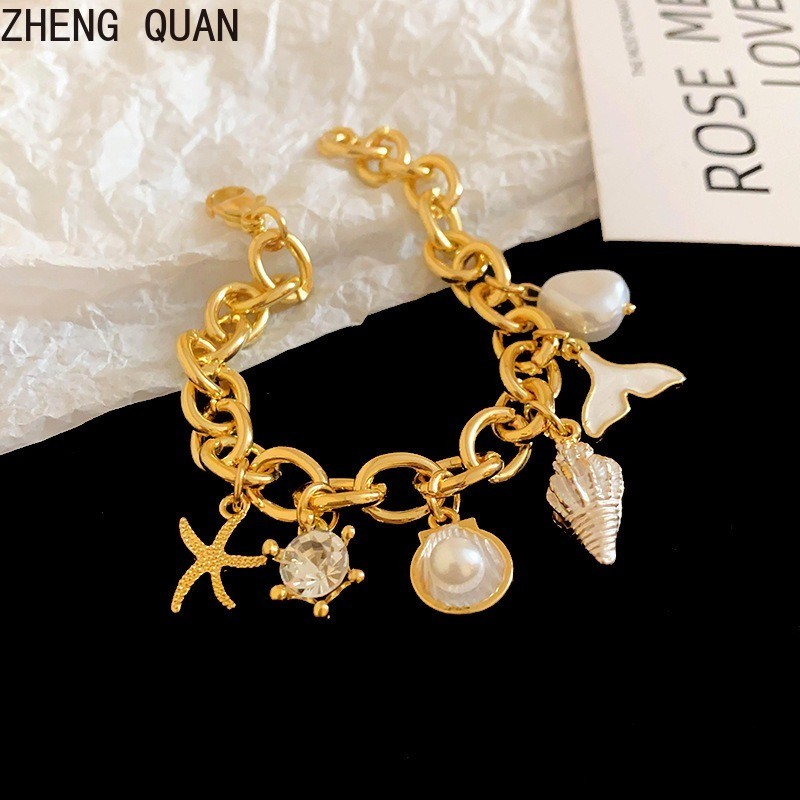 Boho ปลาดาวสร้อยข้อมือ Mermaid ไข่มุก Conch Charms สร้อยข้อมือผู้หญิง Dainty เครื่องประดับของขวัญแฟชั่น 18 K Gold Plated