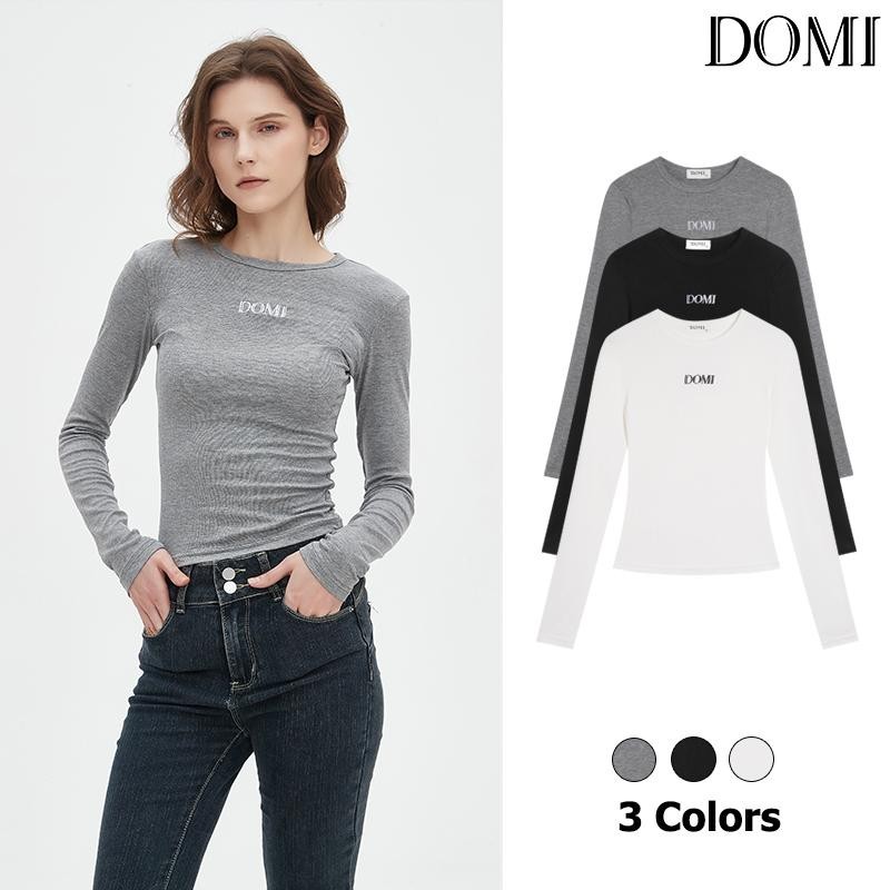 DOMI - เสื้อยืด ทรงสลิม สีพื้น คอกลม สําหรับผู้หญิง น่ารัก แขนยาว เสื้อเชิ้ตลําลอง เสื้อยืด สลิมฟิต เสื้อยืดพื้นฐาน