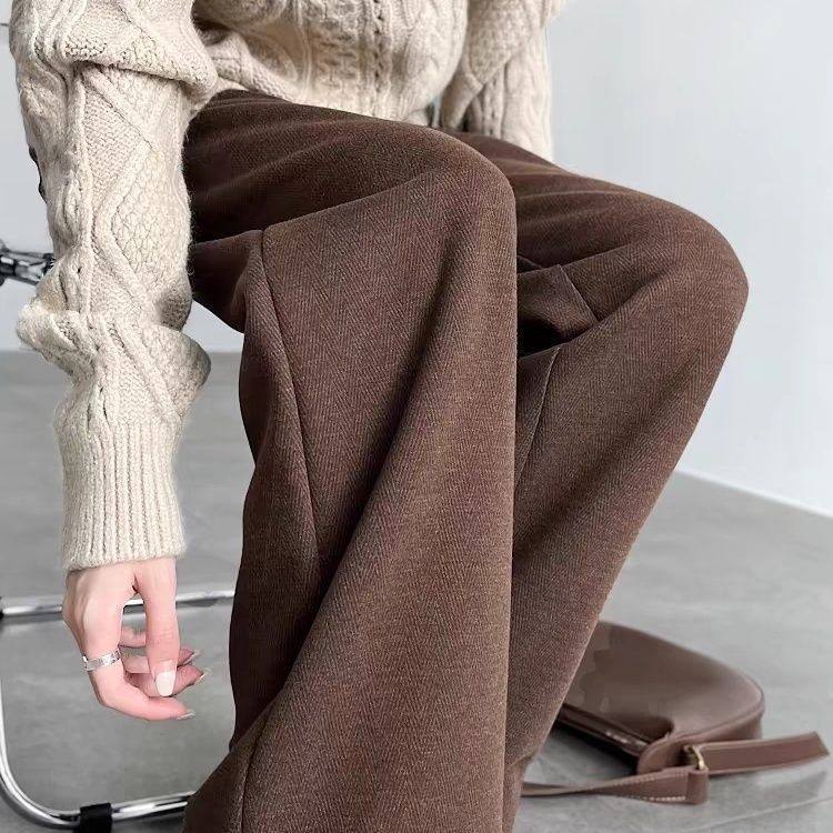 LILI Plus Order Plus กํามะหยี่หนาก้างปลาทําด้วยผ้าขนสัตว์กางเกงขากว้างผู้หญิงแคบเอวสูงขาตรง