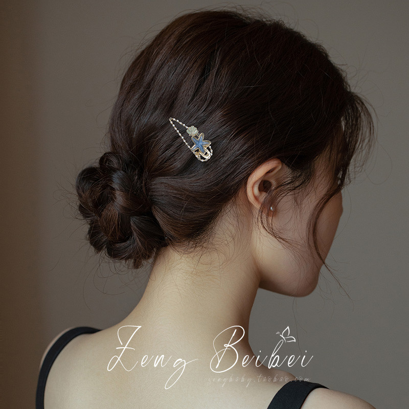 กิ๊บติดผมปลาดาวสีฟ้าน่ารักทุกคู่ด้านข้างคลิปปากเป็ดหน้าม้ากิ๊บติดผมหัก