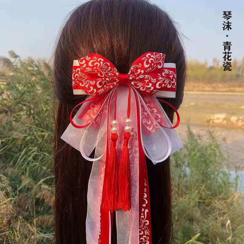 เครื่องประดับผมโบราณ Hanfu Big Bow Hairpin เครื่องประดับสีฟ้าสีขาว Porcelain เด็ก Sensu ริบบิ้น _ cataige.th