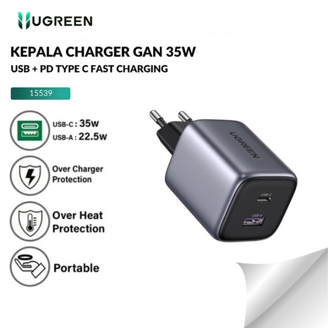 Ugreen หัวชาร์จ Nexode Gan Type-C+Usb-A 35W สีเทา 15539 พร้อมการรับประกัน