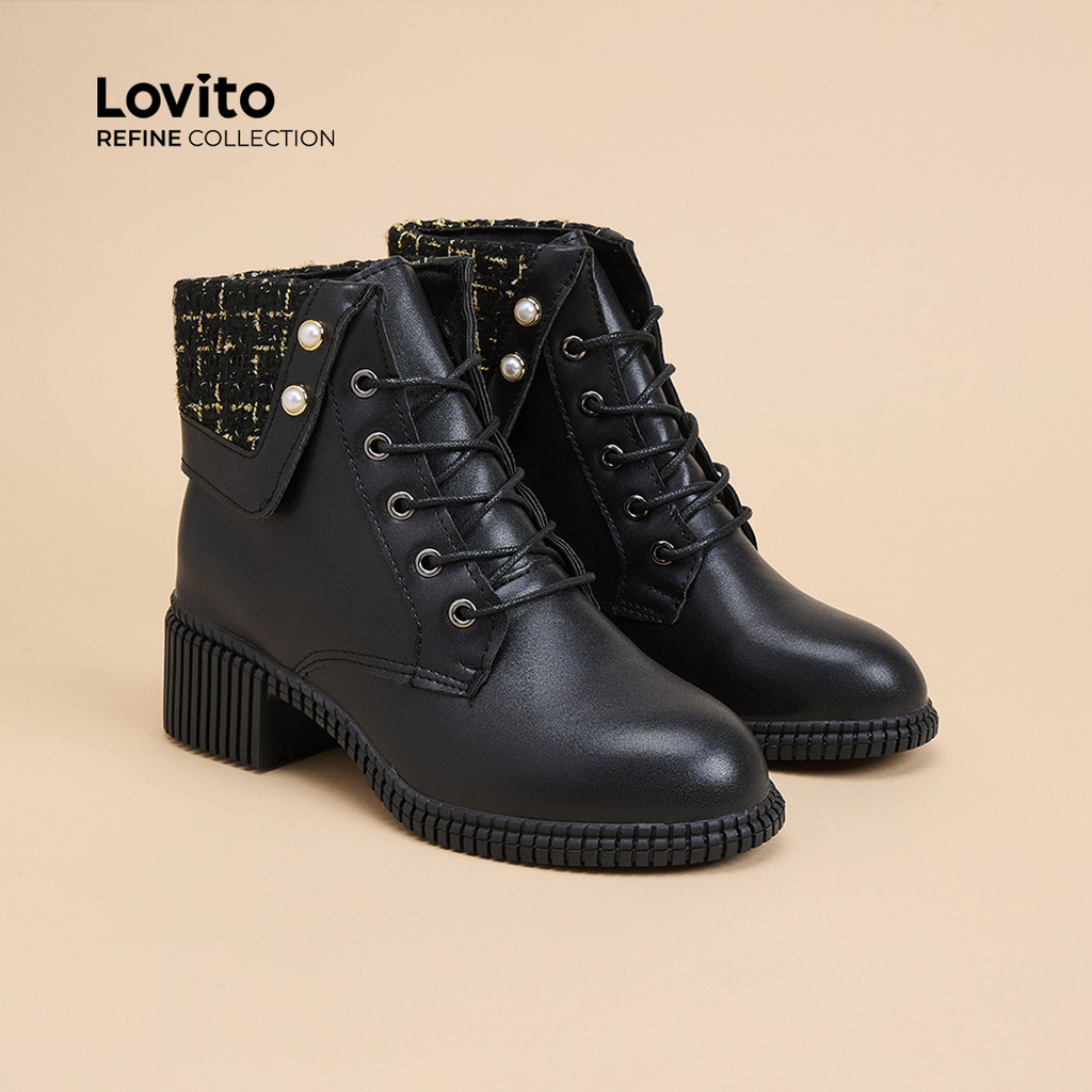 Lovito สง่างามธรรมดาเกรซอ่อนโยนลมมุกรองเท้าสั้นเวอร์ชั่นเกาหลีแฟชั่นบูตสําหรับผู้หญิง  LFA59317