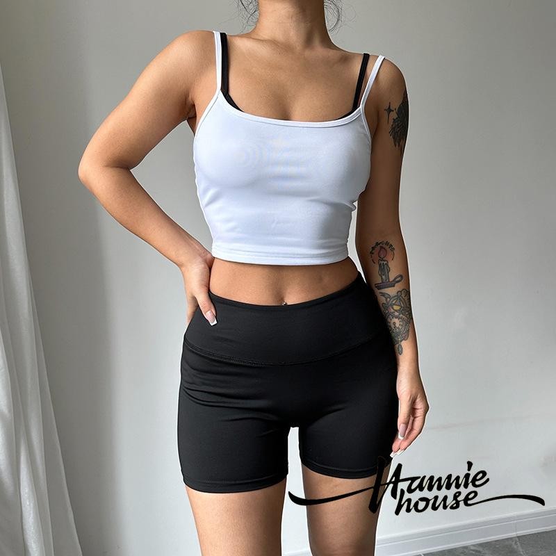 HANNIE House- เสื้อแขนกุดเย็บปะติดปะต่อกัน 2 ชิ้นสําหรับผู้หญิงและชุดกางเกงขาสั้นเอวสูง
