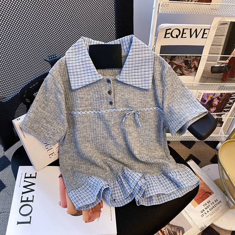 เวอร์ชั่นเกาหลี มารยาท สองชิ้นตาข่ายเย็บโปโลคอถักแขนสั้นเสื้อยืด - รูปที่ 7