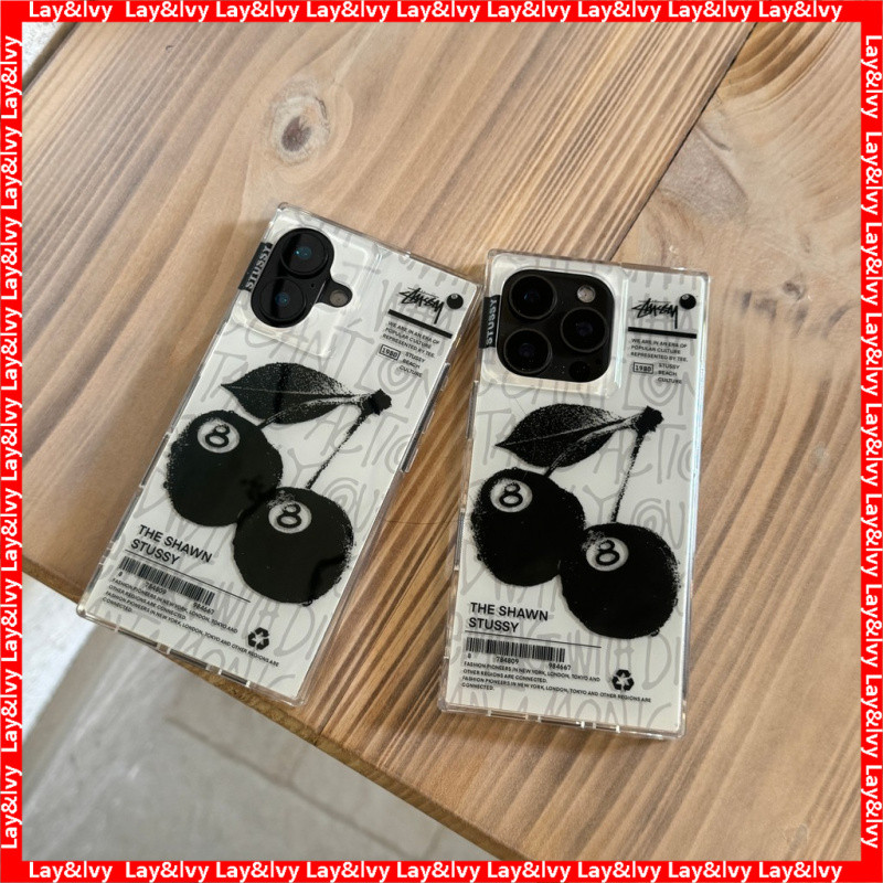 Street Classic stussysy สีดําแปด Cherry Square เลเซอร์อะคริลิค IMD เคสโทรศัพท์เหมาะสําหรับ iPhone 15 14 14Pro 14Max 13ProMax 13