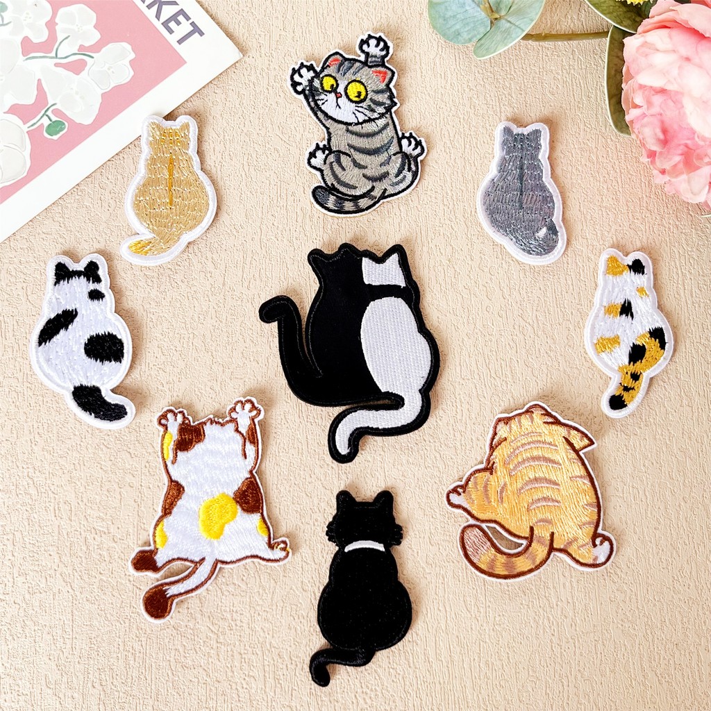 ✿ ถาม แพทช์สติกเกอร์ติดด้วยตนเองด้านหลังแมวตลก ✿ 1 ชิ้น DIY เย็บบนเหล็กบนป้ายเสื้อผ้าเย็บปักถักร้อย