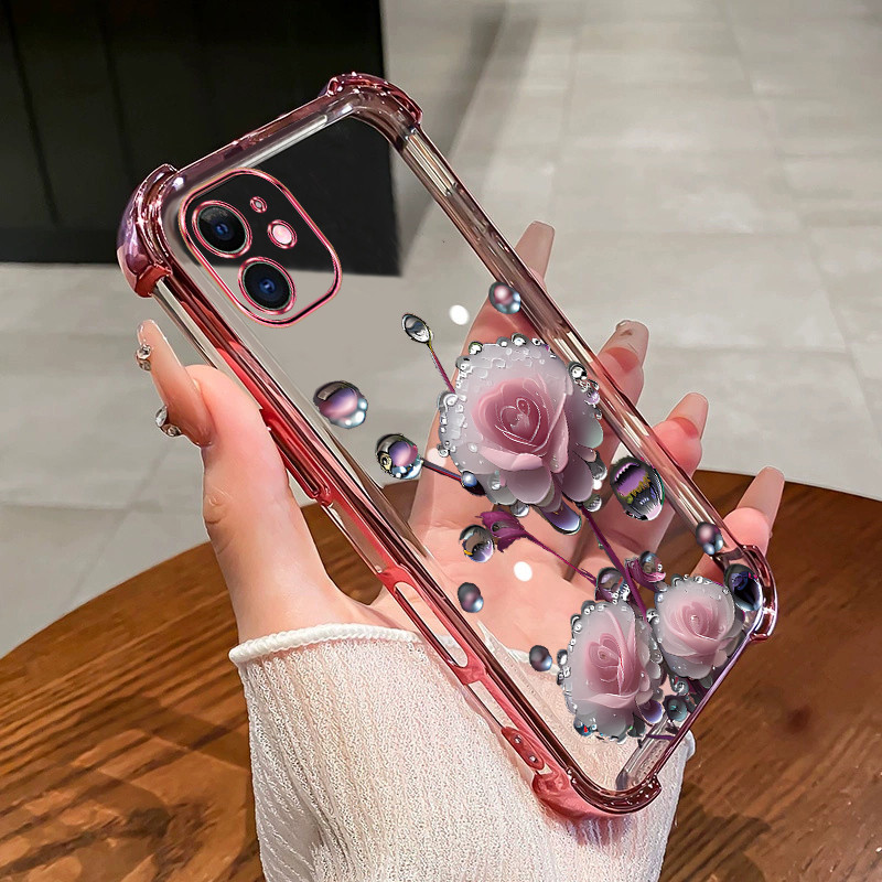 เคสสําหรับ iPhone 11 12 pro max 12 mini เคสโทรศัพท์สีชมพูดอกตูมสี่มุมซิลิโคน TPU นิ่มโปร่งใส ﻿ดีซ
