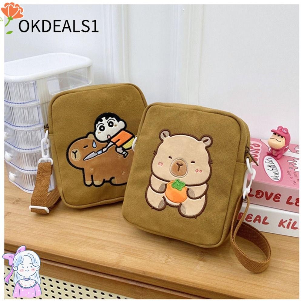 DEALSHOP กระเป๋าสะพายข้าง,กระเป๋าใส่เหรียญการ์ตูน Capybara กระเป๋าสะพาย,น่ารักน้ําหนักเบาผ้าใบซิปกระเป๋าเดินทางโทรศัพท์