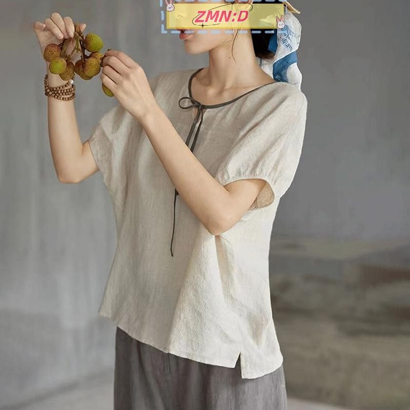 Newwellknowngreat ฤดูร้อนใหม่ผ้าฝ้ายเสื้อยืดแขนสั้น Vintage คอกลมสไตล์ชาติพันธุ์ Frenulum หลวม All-m