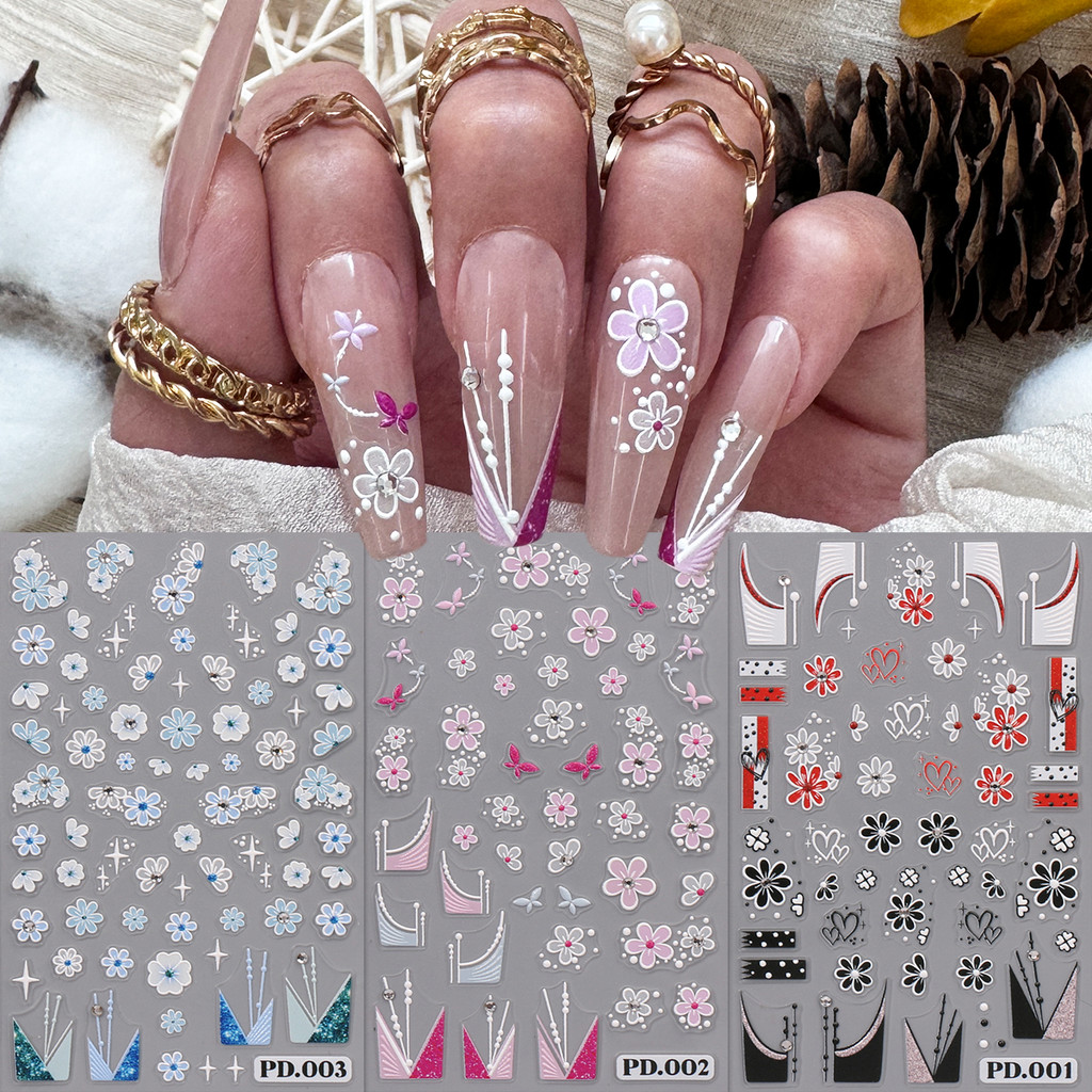 HAMA เล็บนูนเล็บสติกเกอร์ขายส่งฤดูใบไม้ผลิดอกไม้กลีบภาษาฝรั่งเศสคําเพชรตกแต่งเล็บสติกเกอร์ Decals งานแต่งงานเล็บ Art