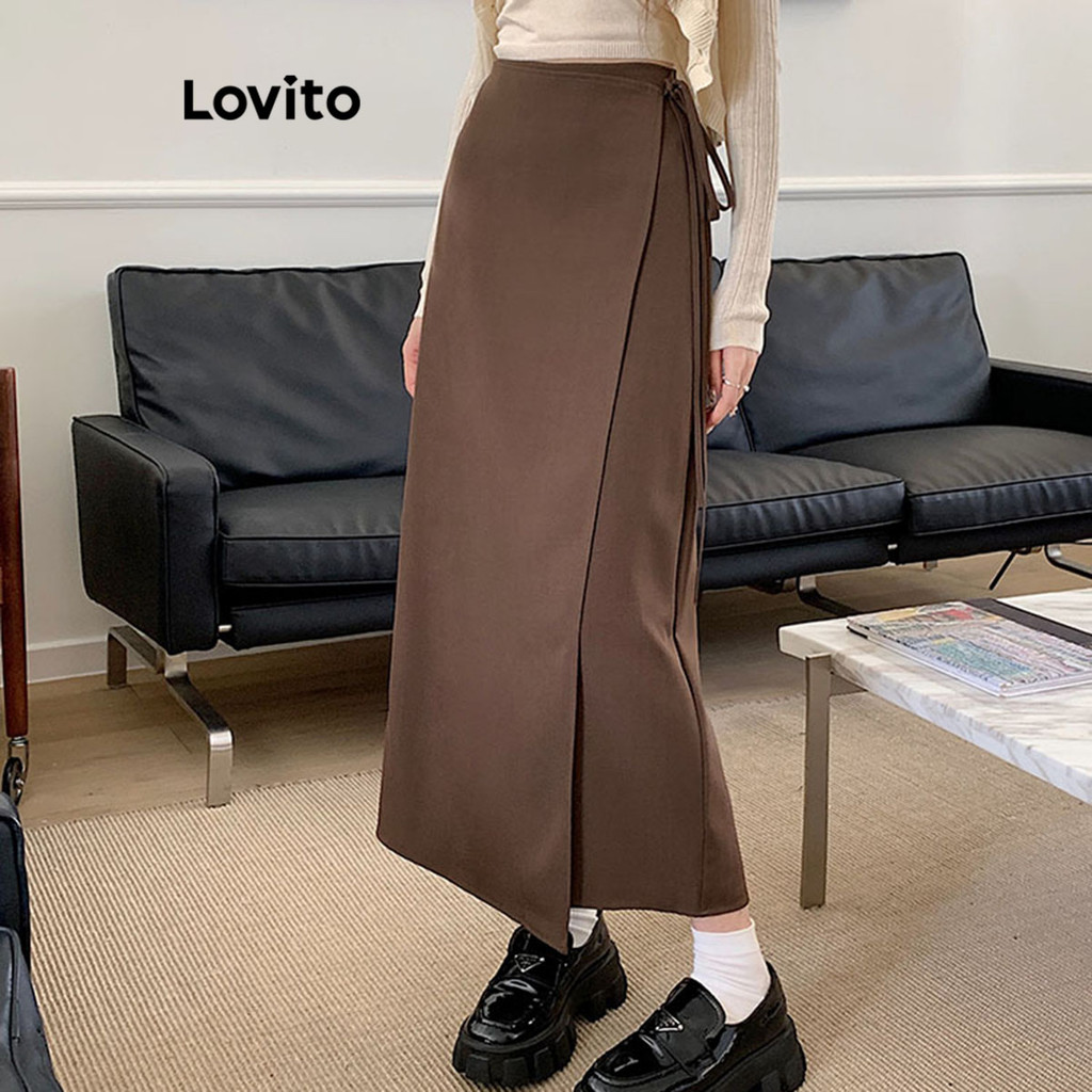 Lovito กระโปรงผู้หญิง ป้ายหน้า ผูกเชือก สีพื้น สไตล์ลำลอง LNE34144 (กาแฟ/ดำ)