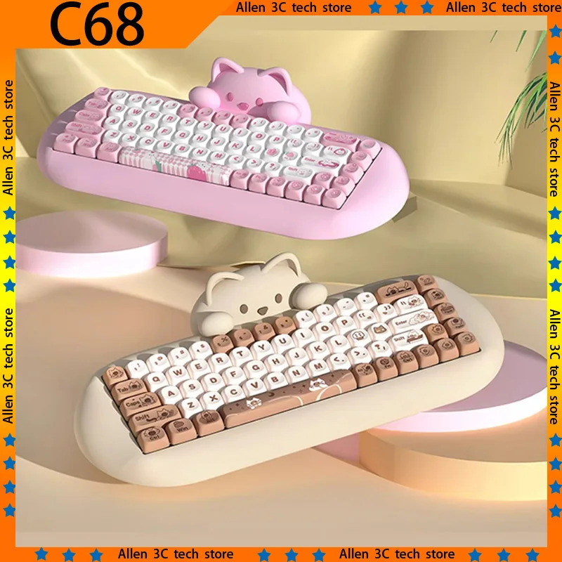 Keynouo C68 แมวซิลิโคนคีย์บอร์ดไร้สายบลูทูธ Tri-Mode สูง Appeara Hot Swap แล็ปท็อป Gamer PC คีย์บอร์ดเกม