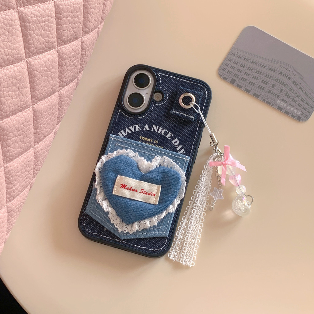 คาวบอยลูกไม้ Love Heart Back Card Holder denim TPU สําหรับ Apple IPhone 16 15 14 13 Pro Max เคสกันกระแทก