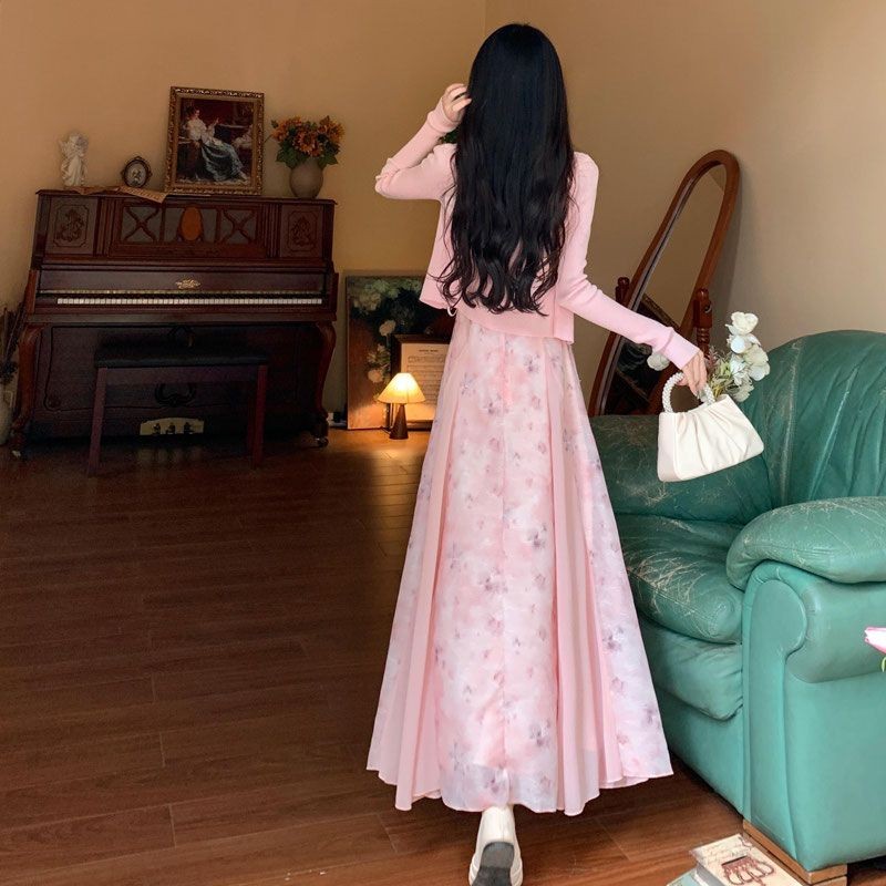 ฤดูใบไม้ผลิผู้หญิงระดับไฮเอนด์ฝรั่งเศสใหม่สไตล์จีนชีฟองดอกไม้ชุดสลิงชุดสองชิ้น 10.27