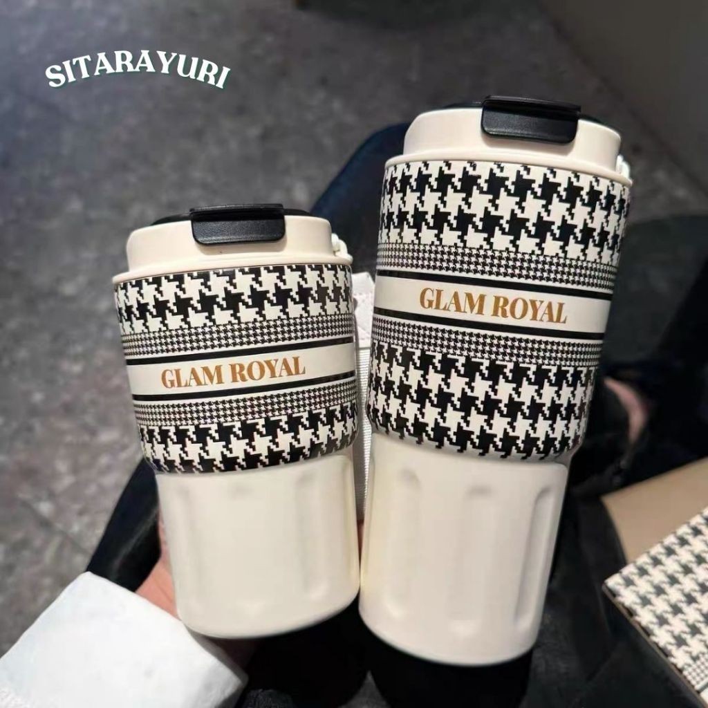 SITARAYURI แก้วน้ำใส่ ชา กาแฟ เก็บอุณหภูมิร้อน/เย็น GLAM ROYAL ลวดลายสวยทันสมัย สแตนเลส 304 แบบเปิดยกดื่มพร้อมสายหิ้ว