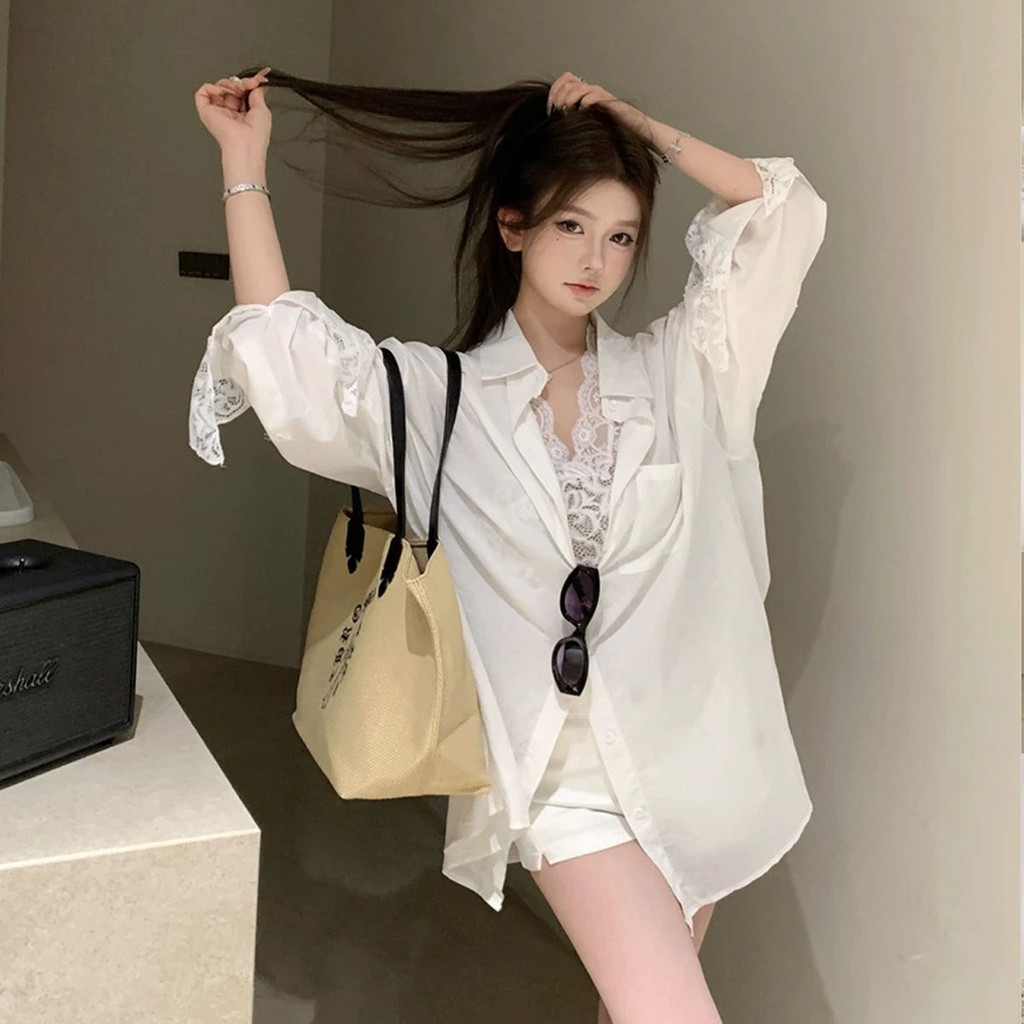 Dahong W509 เสื้อเชิ้ตแขนยาว เนื้อผ้าบาง เสื้อเชิ้ตตกแต่งลูกไม้ ดีเทลคุณหนู สไตล์เกาหลี