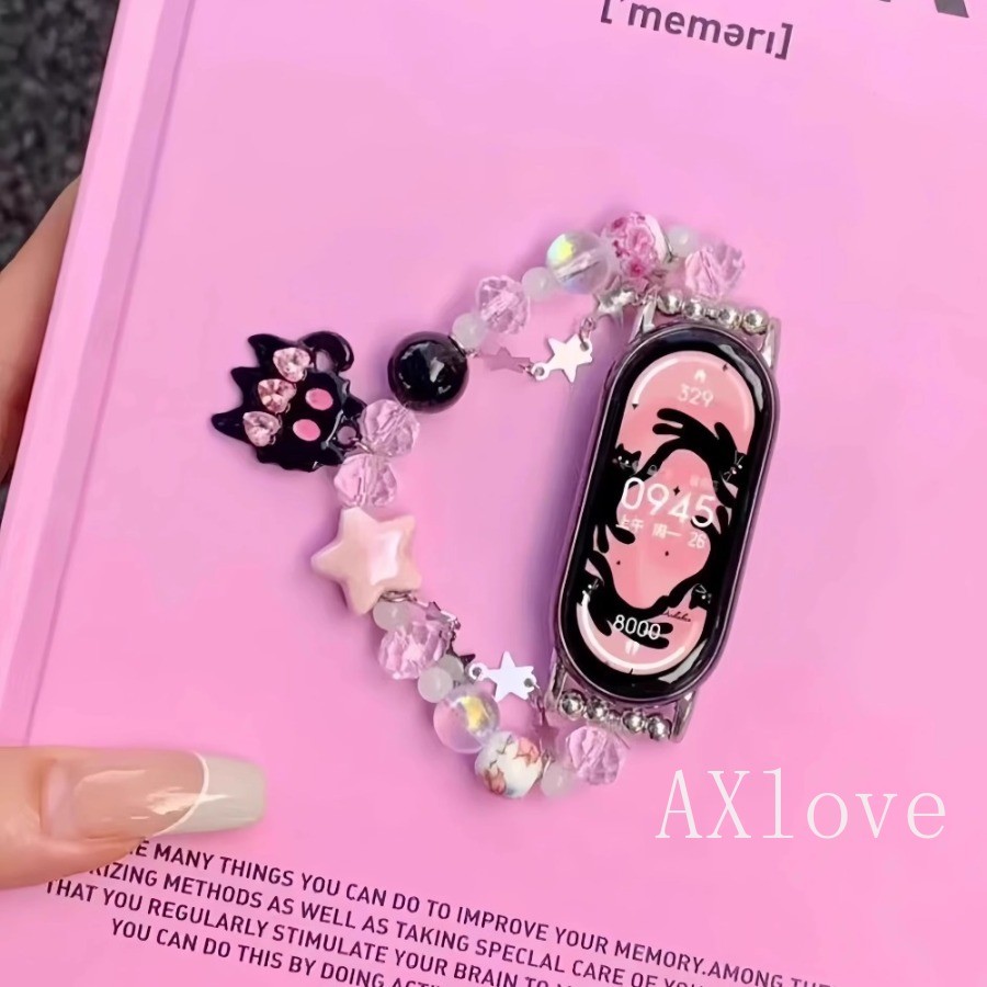 แมวน่ารักลูกปัดมุกสําหรับ Mi Band 9 8 สร้อยข้อมือเครื่องประดับสายนาฬิกาสําหรับ Xiaomi Mi Band 7 เครื่องประดับยืดหยุ่นสายรัดข้อมือสําหรับ Miband 3 4 5 6 สายรัดข้อมือ