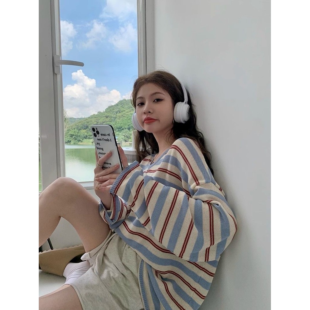ลายถักแขนยาวหญิง ins อินเทรนด์ต้นฤดูใบไม้ร่วงออกแบบแฟชั่นอินเทรนด์ Niche v คอหลวม Slimmer ดูถัก Bo