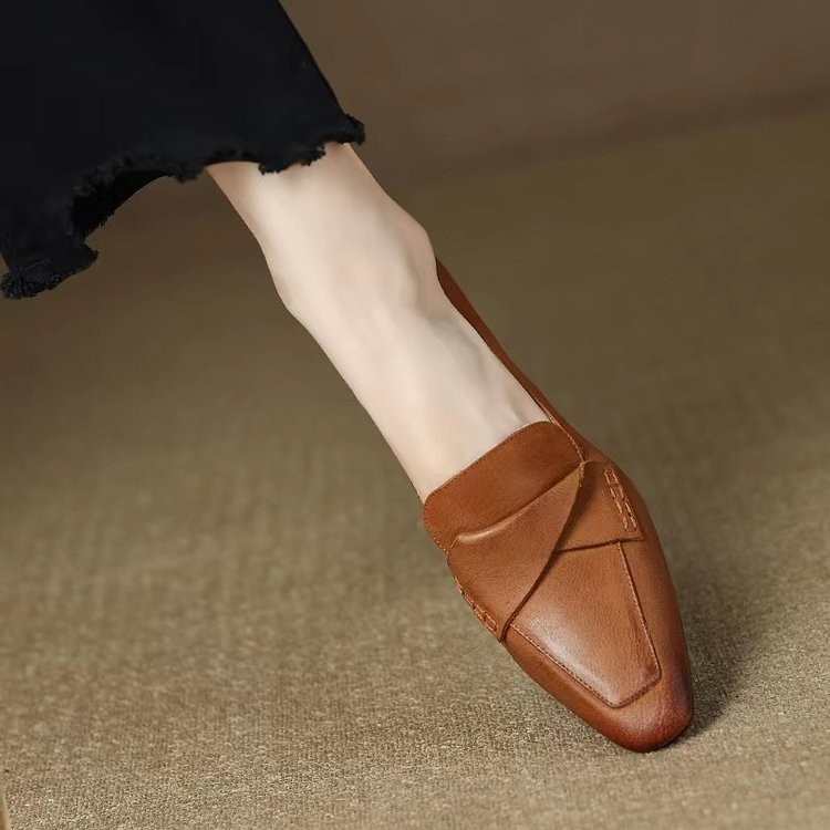 Low-Top Shoes Rubber Square Heel PU Low Heel (เล็กกว่า 3cm) Deep Mouth Pointed Toe