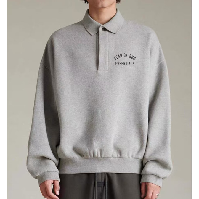 ขายร้อนสไตล์ใหม่ 24FALL FEAR OF GOD FOG Double Line ESSENTIALS ฤดูใบไม้ร่วงฤดูหนาวซับขนแกะอินเทรนด์ POLO เสื้อแขนยาว