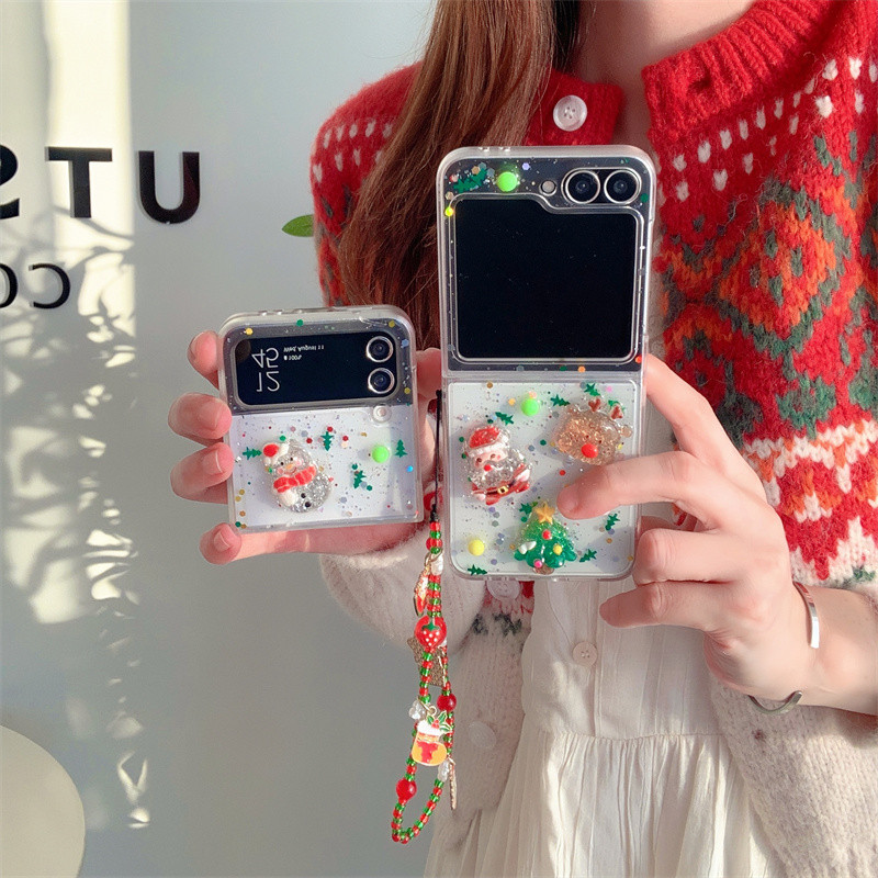 3d คริสต์มาสปลั๊กฝุ่นจี้สร้อยข้อมือเคสโทรศัพท์สําหรับ Samsung Galaxy Z Flip 4 5 6 Z Flip6 ZFlip 6 ZFlip6 กันกระแทก