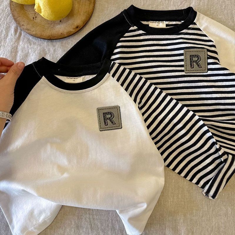 Kid Tops100% ผ้าฝ้ายลายแขนยาวคอกลมพิมพ์เสื้อยืดแฟชั่น Contrast สีเสื้อยืดฤดูใบไม้ร่วงเด็กผู้หญิงสวมใส่