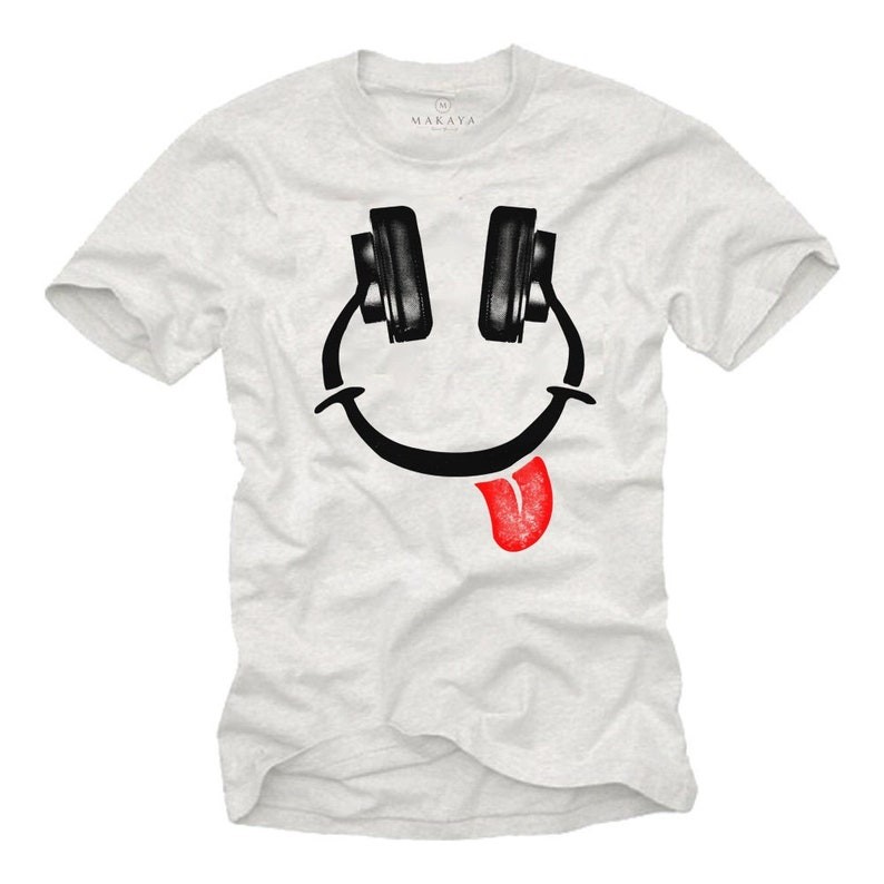 Makaya Hip Hop Shirt Design for Boys - Headphones Smile Emoji White S-XXXXXL สวยๆ S-5XL เซ็กซี่ คอกล