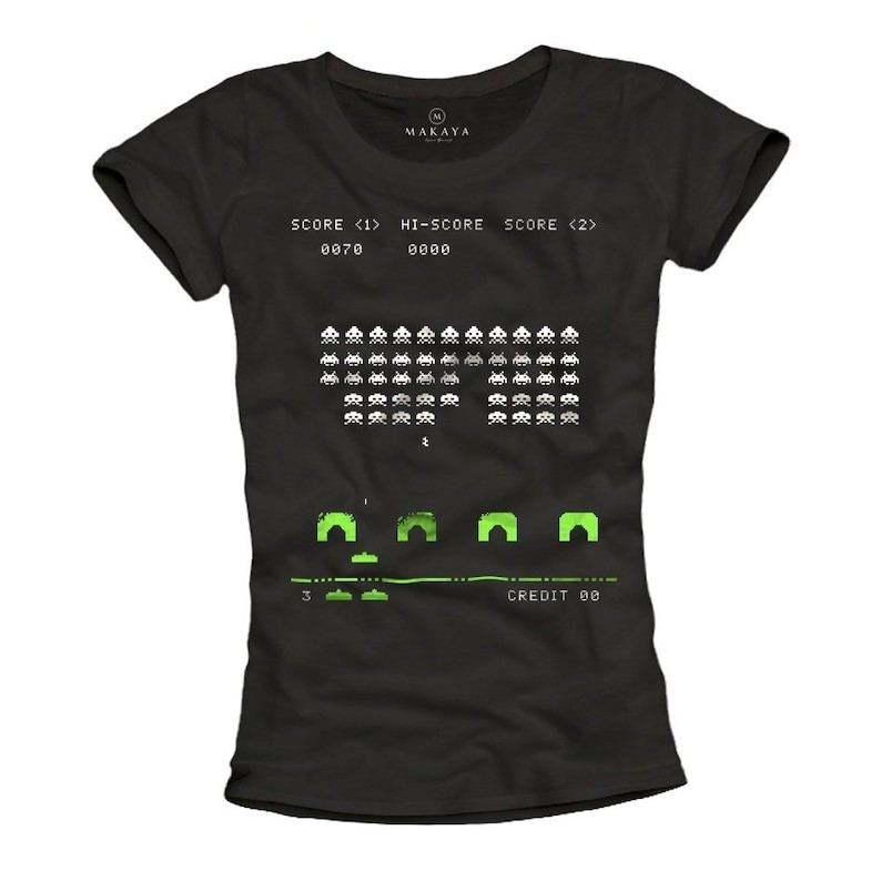 Womens Gamer T-Shirts - Space Invaders - Funny Gifts for Nerds Summer Top for Girls black S/M/L ใส่ส