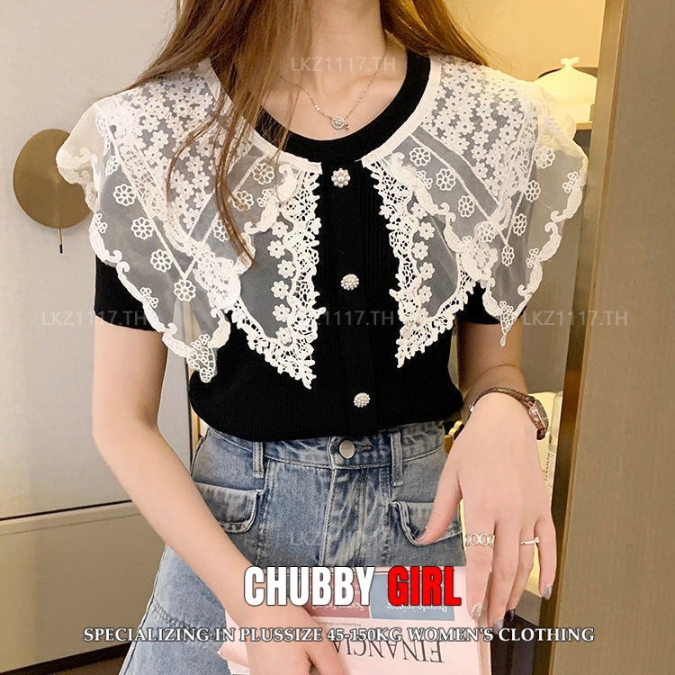 Plus size เสื้อผ้าสาวอวบ❤ เสื้อยืดสาวอวบอ้วน ไซส์ใหญ่ ผู้หญิง ทรงหลวม แขนสั้น คอบัว ฤดูร้อน สไตล์เกาหลีแฟชั่น