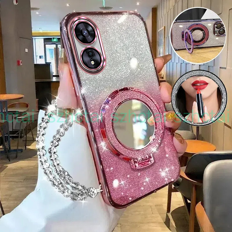 ปลอกoppo A18 A38 A98 A17 A17K A58 A78 A77S A77 4G 5G A96 A95 A57 A76 A74 4G 5G 2022 หรูหราElectroplated Glitterเคสโทรศัพท์ที่มีความงามแต่งหน้ากระจกผู้ถือสร้อยข้อมือC