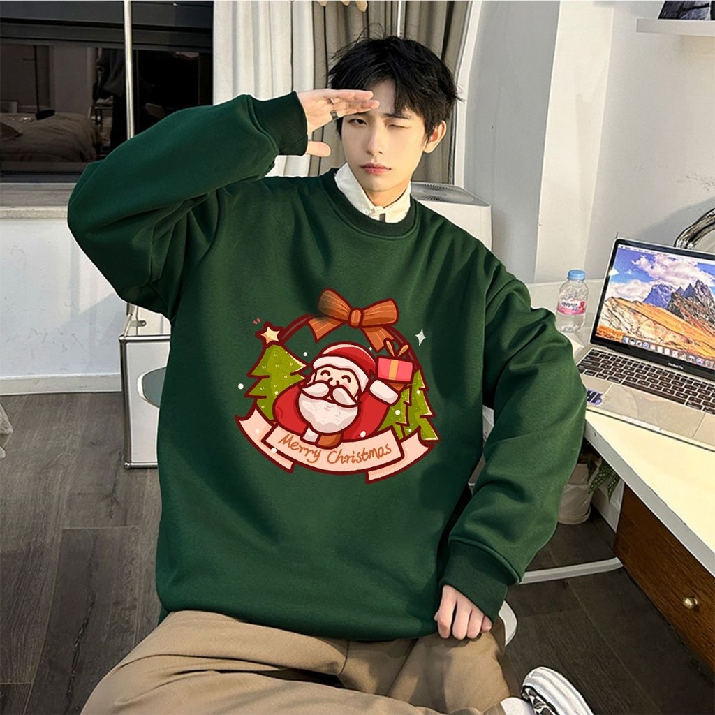 พร้อมส่ง M-8XL เสื้อกันหนาว 2025 ใหม่สไตล์อเมริกัน Santa Claus ชุดการ์ตูนพิมพ์กํามะหยี่หนารอบคอผ้าฝ้ายเสื้อกันหนาวผู้ชายแฟชั่นแบรนด์หลวมสวมใส่ Unisex เสื้อ
