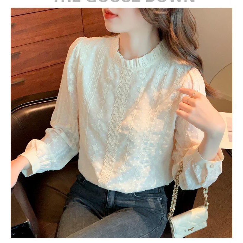 เวอร์ชั่นเกาหลีฤดูใบไม้ผลิฤดูใบไม้ร่วงสไตล์ใหม่ลูกไม้ด้านใน Stand-Up Collar เสื้อชีฟองแขนยาวแฟชั่น Classy เรียบง่ายหลวมสบายๆ All-Match Slim-Fit สุภาพสตรี