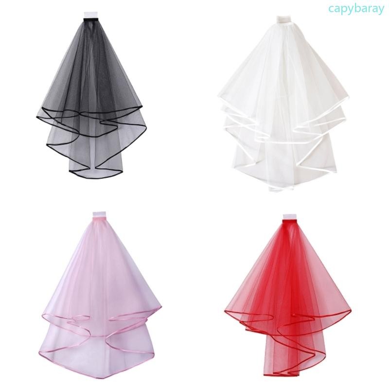 Cpy Double Mesh Tulle Ribbon Edge Women ผ้าคลุมแต่งงานแบบสั้นพร้อมหวีเจ้าสาว Headpiece