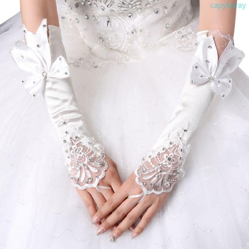 Cpy ผู้หญิงเจ้าสาวถุงมือยาว Fingerless ดอกไม้ลูกไม้ Patchwork Mittens Glitter Rhines