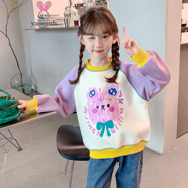 【YAOEENH】120-170 ซม. ฤดูใบไม้ร่วงฤดูหนาวสไตล์สาวสไตล์ตะวันตกเสื้อแขนยาวกลางเด็กใหญ่ขนแกะน่ารักซับหลวม